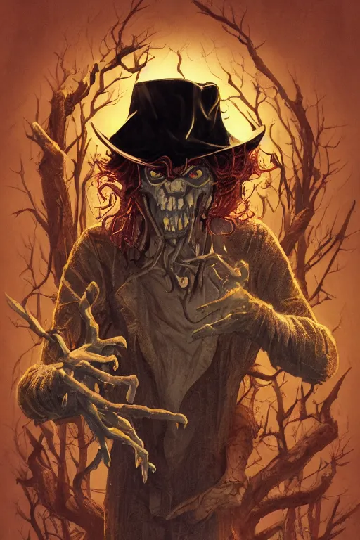 Image similar to the man in the yellow hat in sleepy hollow, full body, big two toned eyes, teeth gritted, horror, intricate details, cinematic, epic, realistic, anatomy, tomer hanuka, uplight, artstation, photorealistic, scary