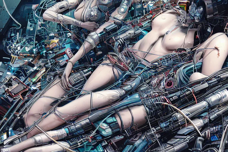 Image similar to a finely composed cyberpunk illustration of a group of female androids in style of hajime sorayama, lying on an abstract, empty, white floor with their body parts scattered around and cables and wires coming out, by katsuhiro otomo and masamune shirow, hyper-detailed, intricate, colorful, view from above, wide angle, close up, beautiful