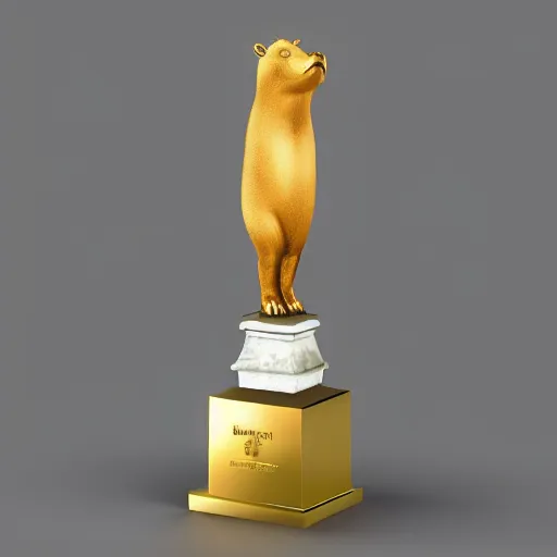 Prompt: golden capybara trophy award on a marble pillar, white background, soft lighting