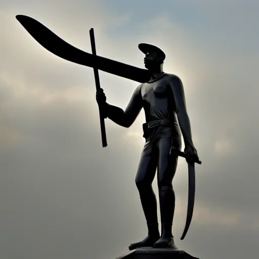 Prompt: black brass war statue with minimalist features like a farmer wielding a scythe, while striding through a field of amber grain, during a cloudless day with smoke rising in the background, high definition, mike franchina, cinematic, ominous