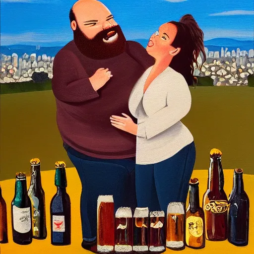 Prompt: An obese, balding, middle aged man with a big beard shares a loving embrace with a girl on primrose hill, overlooking the city of London. They are surrounded by beer and wine bottles. Golden hour. Oil painting