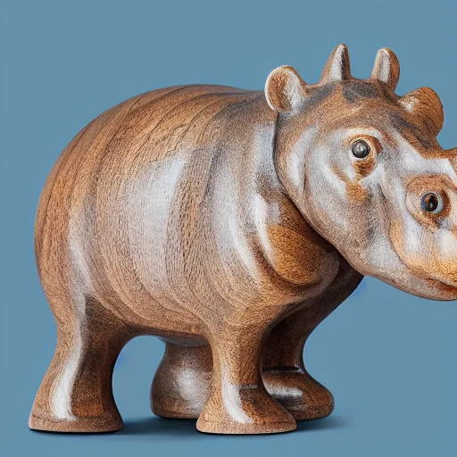 Image similar to a museum - quality wood and ceramic hippopotamus made of polished wood with a bright blue ceramic hippopotamus head, hd photograph, matte gray background