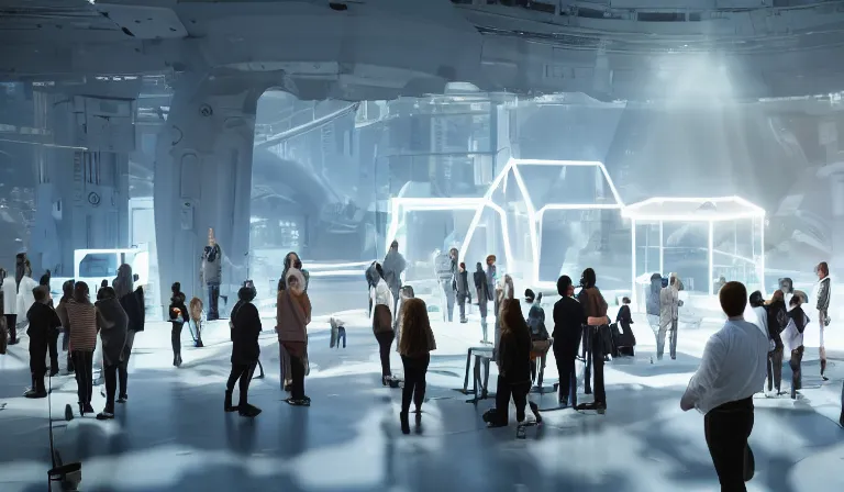 Image similar to crowd of people in simple white museum, looking at hologram of futuristic city on a table, cinematic concept art, godrays, golden hour, natural sunlight, 4 k, clear details, tabletop model buildings, center model buildings, hologram center, crane shot, crane shot, crane shot, white walls