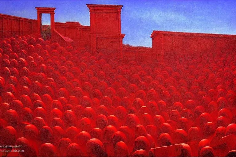 Image similar to only with red, a red great emperor, taormina amphitheatre, crowd with big smile, in the style of beksinski, parts by edward hopper, parts by rodcenko, parts by yue minjun, intricate and epic composition, red by caravaggio, insanely quality, highly detailed, masterpiece, red light, artstation, 4 k