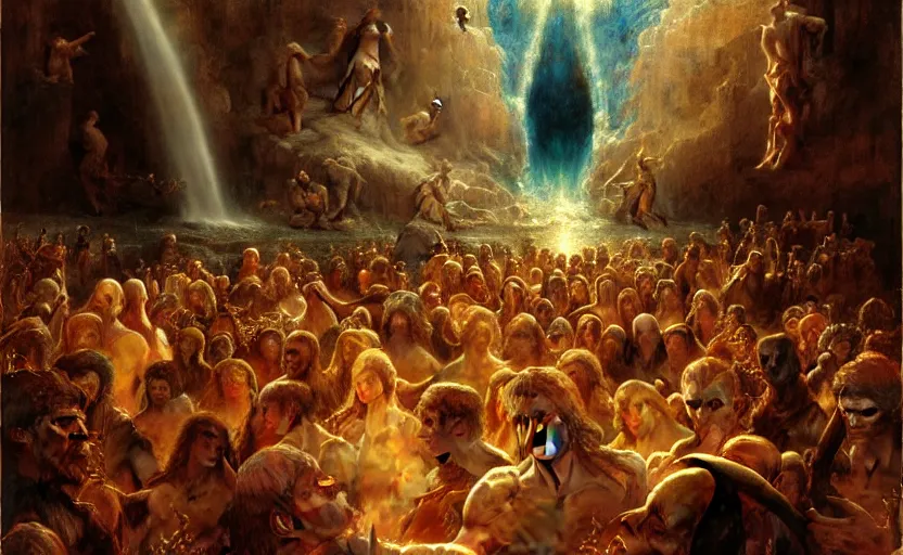 Image similar to alvah angelrune water portal to hell located in heaven, crowd of people, rule of thirds, 4 k, dark bright effect, highly detailed painting by gaston bussiere, craig mullins, j. c. leyendecker, michelangelo