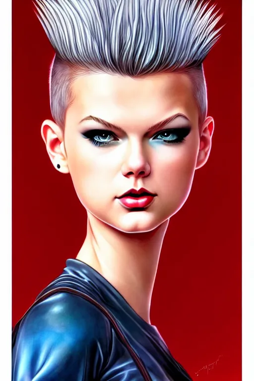 Image similar to sweet teenager with a mohawk who looks like taylor swift, fantasy graphic novel style, by artgerm and jenny frison, intricate, photorealistic, very fine inking lines, extremely detailed, 4k, hd