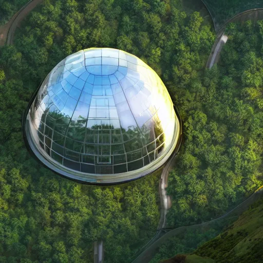 Prompt: vertical farm domes next to sci - fi nuclear cuboid glass containment building in a steep sided valley with trees and a city in the distance, a sense of hope and optimism, hyper realistic, high res, 4 k, lit from above, edouard groult, bynde, kirill leonov, isaac zuren