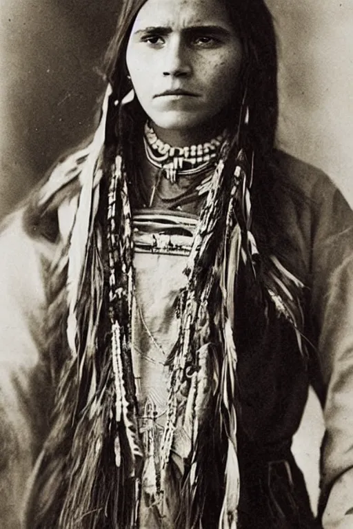 Image similar to “Photo of Native American indian woman Emma Watson, portrait, skilled warrior of the Chiricahua Apache, Lozen was the sister of Victorio a prominent Chief, showing pain and sadness on her face, ancient, realistic, detailed, emma watson”