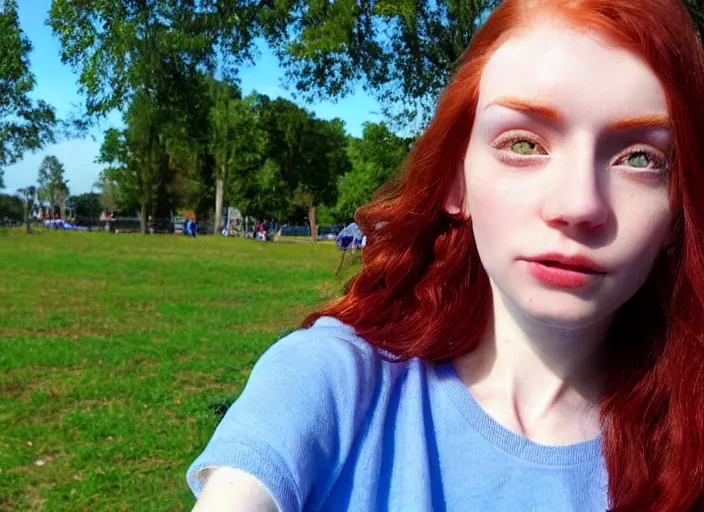 Prompt: close up portrait photograph of a anesthetic beautiful!!! thin young redhead woman with russian descent, sunbathed skin, with deep blue (round!!! (Symmetrical!!! eyes)) . Wavy long maroon colored hair. she looks directly at the camera. Slightly open mouth, face takes up half of the photo. a park visible in the background. 55mm nikon. Intricate. Very detailed 8k texture. Sharp. Cinematic post-processing. Award winning portrait photography. Sharp eyes.