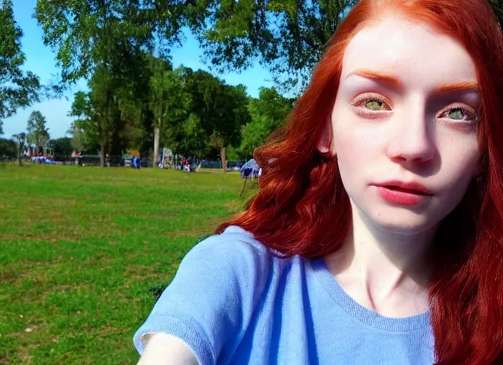 Image similar to close up portrait photograph of a anesthetic beautiful!!! thin young redhead woman with russian descent, sunbathed skin, with deep blue (round!!! (Symmetrical!!! eyes)) . Wavy long maroon colored hair. she looks directly at the camera. Slightly open mouth, face takes up half of the photo. a park visible in the background. 55mm nikon. Intricate. Very detailed 8k texture. Sharp. Cinematic post-processing. Award winning portrait photography. Sharp eyes.