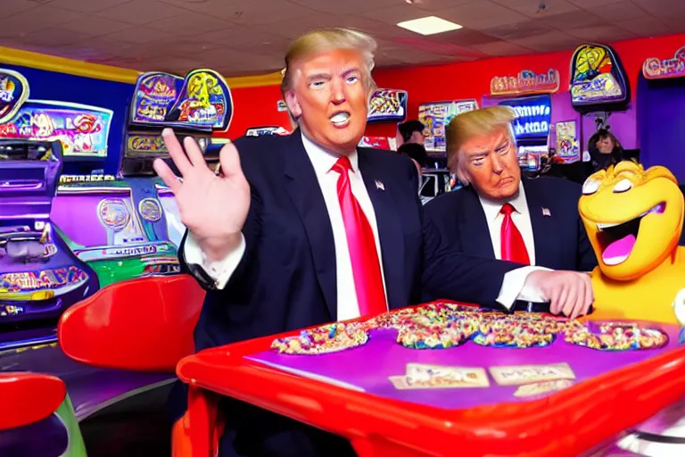 Prompt: donald trump at chuck e cheese