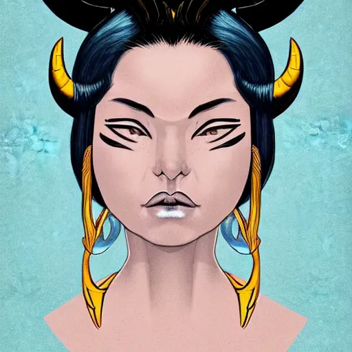 Prompt: illustrated portrait of ram-horned devil woman with blue bob hairstyle and hex #FFA500 colored skin tone and with solid black eyes wearing leather by rossdraws