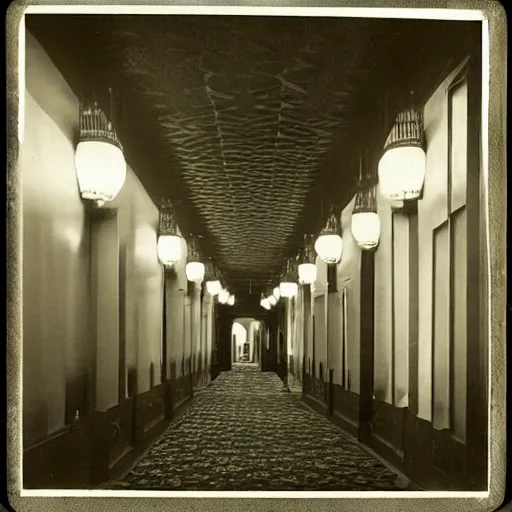 Image similar to “long hallway in a hotel at night, 1900’s photo”