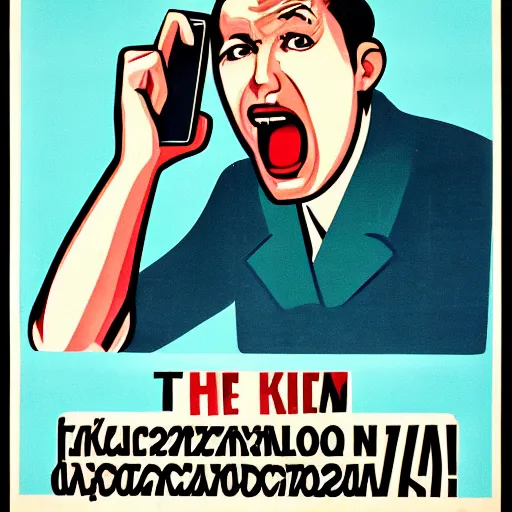 Image similar to soviet era propaganda poster of a man yelling at a smartphone