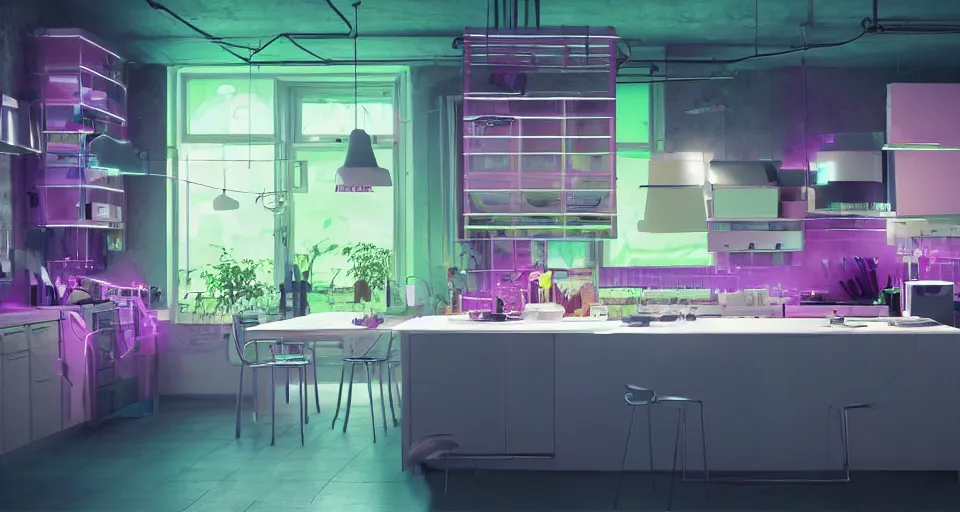 Image similar to IKEA catalogue photo, high end farm house style kitchen, cyberpunk with neon lighting, screens, monitors, wires, purple, cyan, orange, organic, vines by Beksiński