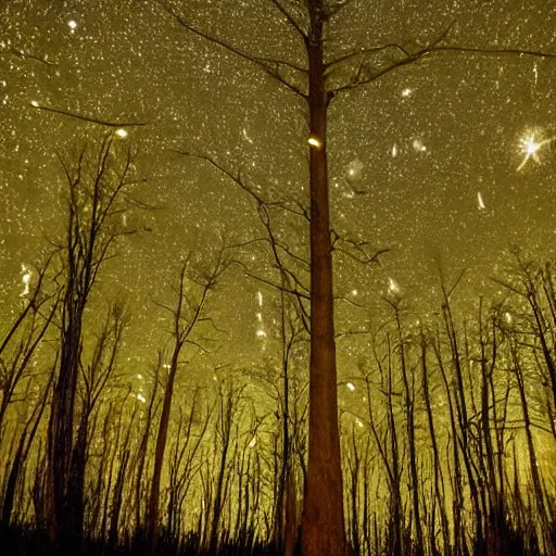 Image similar to wrought silver forest under a moonlit star filled sky filled with fireflies