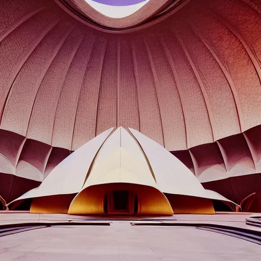 Image similar to interior of a futuristic lotus temple with gold, red and white marble panels, in the desert, by buckminster fuller and syd mead, intricate contemporary architecture, photo journalism, photography, cinematic, national geographic photoshoot