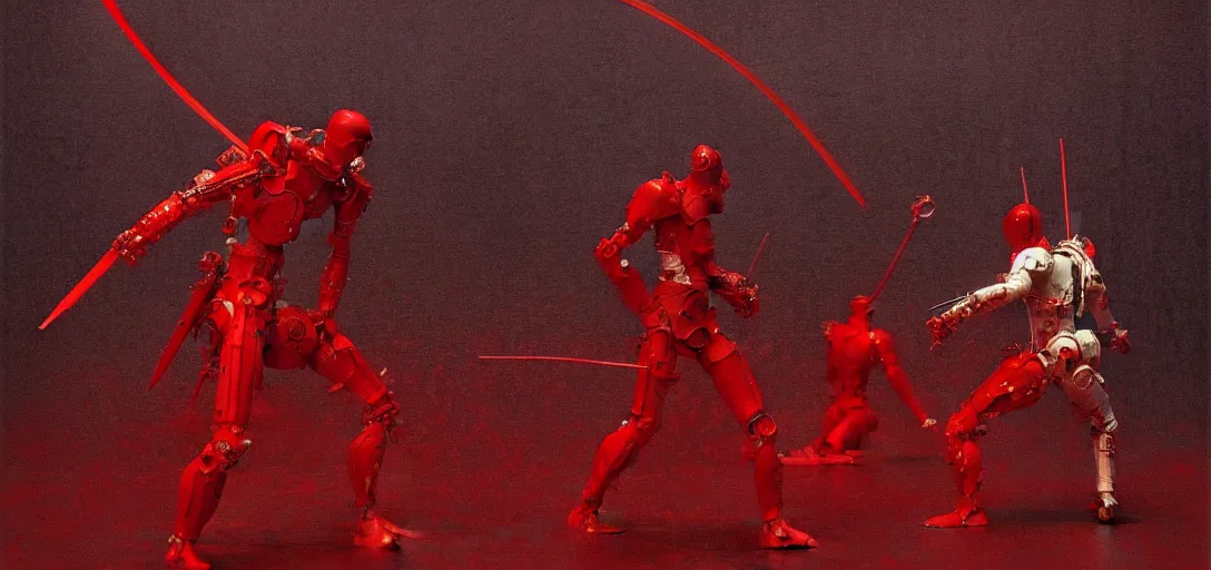 Image similar to only with red, a white samurai cyborg, tokio, a lot of swords, in the style of beksinski, parts by edward hopper, parts by rodcenko, parts by yue minjun, intricate and epic composition, red by caravaggio, insanely quality, highly detailed, masterpiece, red light, artstation, 4 k