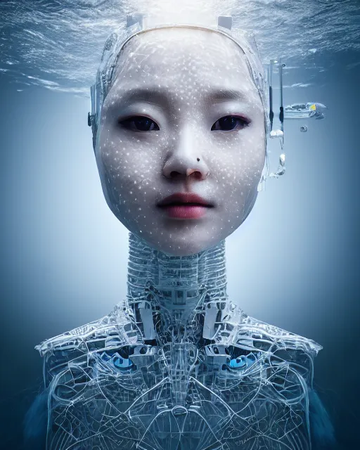 Prompt: beautiful centered fine art photo portrait of hoyeon jung as a solarpunk robotic humanoid, half body above water, white mechanical parts with led lights, ultra - realistic and detailed, white background, natural lighting, soft focus, slow exposure hdr 8 k