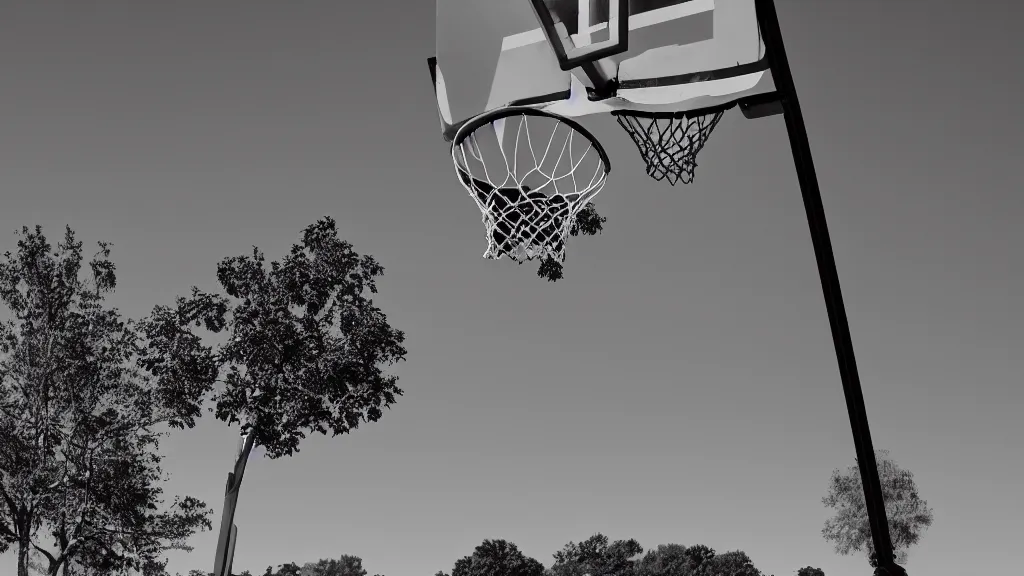 Prompt: photograph of an isolated basketball backboard and rim on a dirt court in a scenic location, in the styles of cameron look, andrew bernstein, and ansel adams. intricate, hyperrealistic, monochrome hdr, accurate court