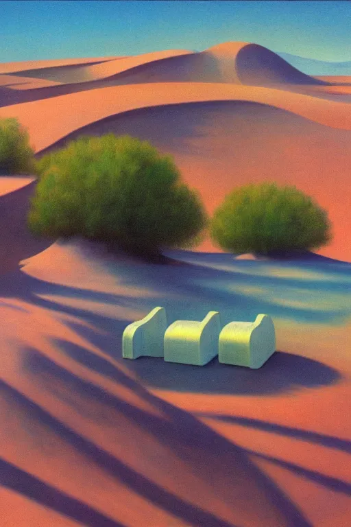 Image similar to liminal vaporwave desert oasis surrealism dream, painted by Edward Hopper, airbrush