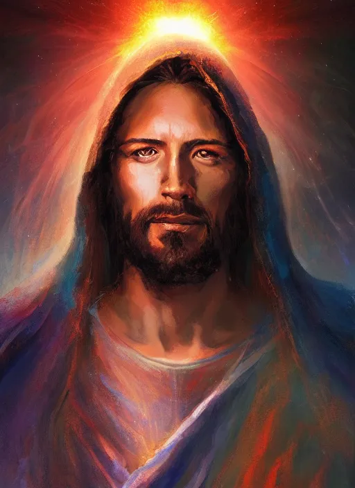 Prompt: detailed portrait of Jesus wearing a cloak over his head, eyes on fire with celestial flames, a halo of shimmering color around him, future earth in the background, by Jason Jenicke and Jeremy Mann, intricate, beautiful, stylized, detailed, realistic, loose brush strokes, dramatic, enduring, captivating, Artstation