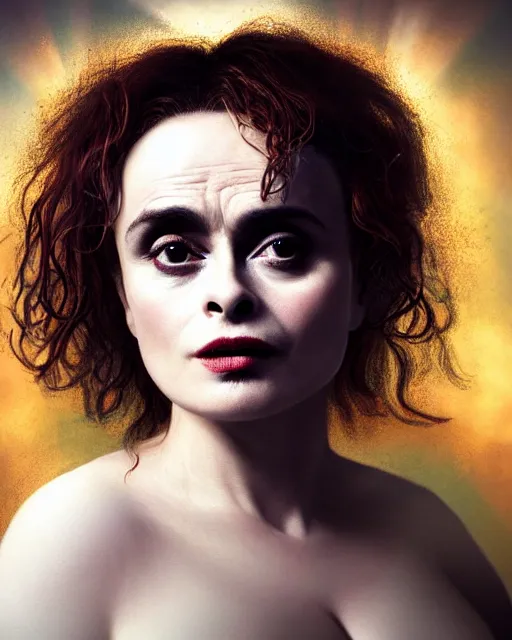 Image similar to Fullbody potrait of Helena Bonham Carter as an angel, hyper realistic, prismatic highlights, atmosphere, gorgeous, depth of field, cinematic, macro, concept art, 50mm, artstation, wlop, elegant, epic, weta digital, focus, octane render, v-ray, 8k, kodak portra, art by Liberatore