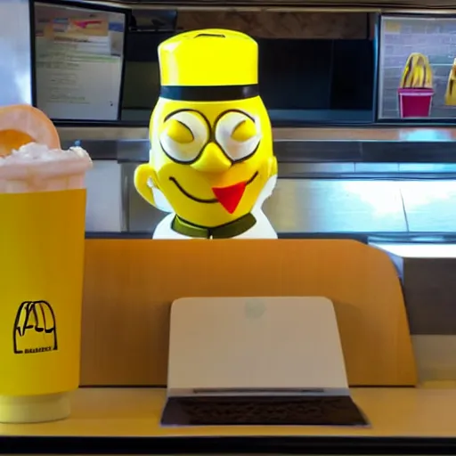 Image similar to anthropomorphic lemon working at mcdonalds wearing mcdonalds hat