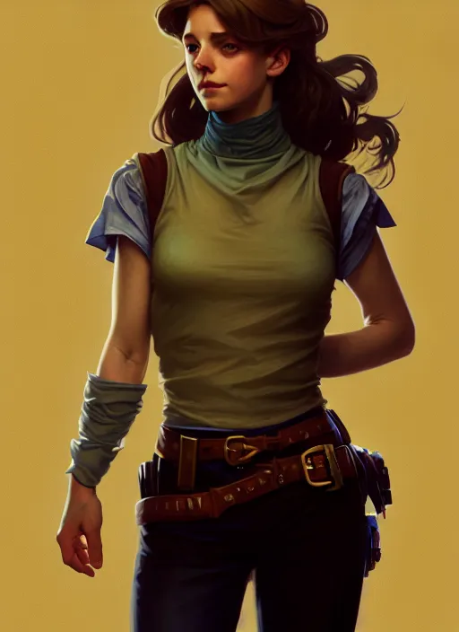 Image similar to portrait of a full body of beautiful young female detective, d & d, sleeveless turtleneck, fantasy, flat lighting, intricate, highly detailed, digital painting, artstation, concept art, smooth, sharp focus, illustration, art by simon bisley and greg rutkowski and alphonse mucha, natural tpose