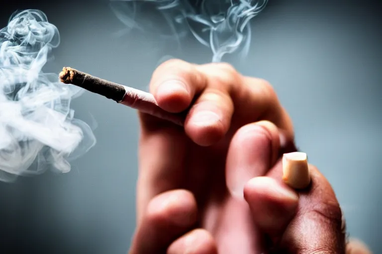 Image similar to Close-up of thin soft hand holding cigarette with smoke, hyper realistic, high details, photo, super resolution