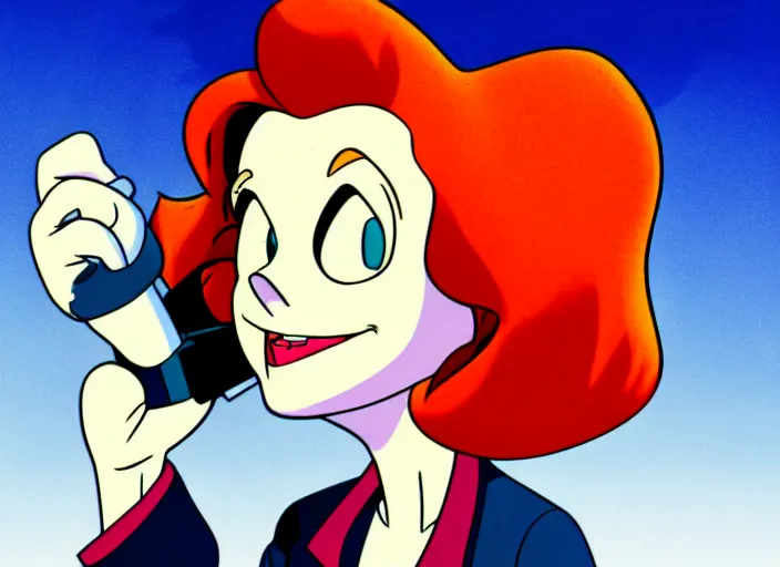Prompt: dana scully on the real ghostbusters, shaded animation cel, anime, sharp detail, animation cel, thin linework, in the style of don bluth, bruce timm, studio trigger, 5 k, hd