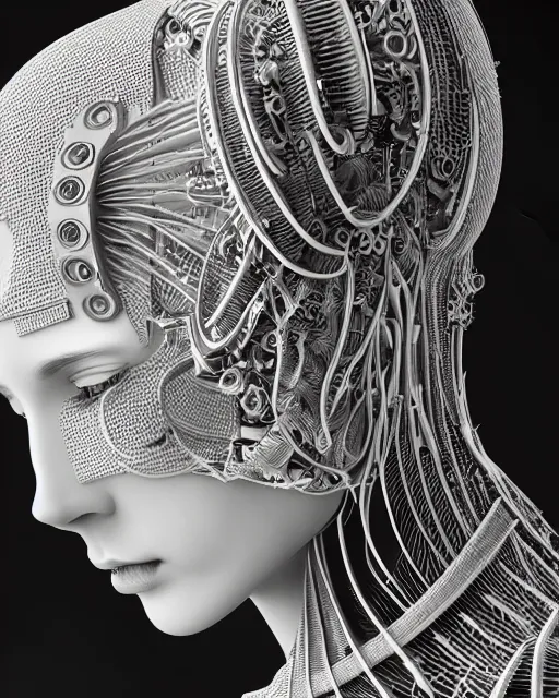 Image similar to mythical black and white organic bio-mechanical spinal ribbed profile face portrait detail of mechanical beautiful female angelic-vegetal-cyborg, highly detailed, intricate steampunk ornate, poetic, 3D render, digital art, octane render, 8K artistic photography, photo-realistic, by Dora Maar