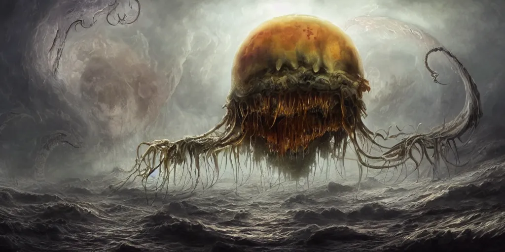 Prompt: concept art of giant translucent jellyfishes, lovecraftian, lots of teeth, melting horror, round moon, rich clouds, fighting the horrors of the unknown, high resolution, very detailed, roaring, volumetric light, mist, grim, fine art, decaying, textured oil over canvas, epic fantasy art, very colorful, ornate