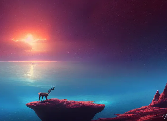 Image similar to a red deer swims in the lake of an alien planet, digital art, detailed, artgerm, artstation, clouds, blue, deviant art, by albert bierstadt