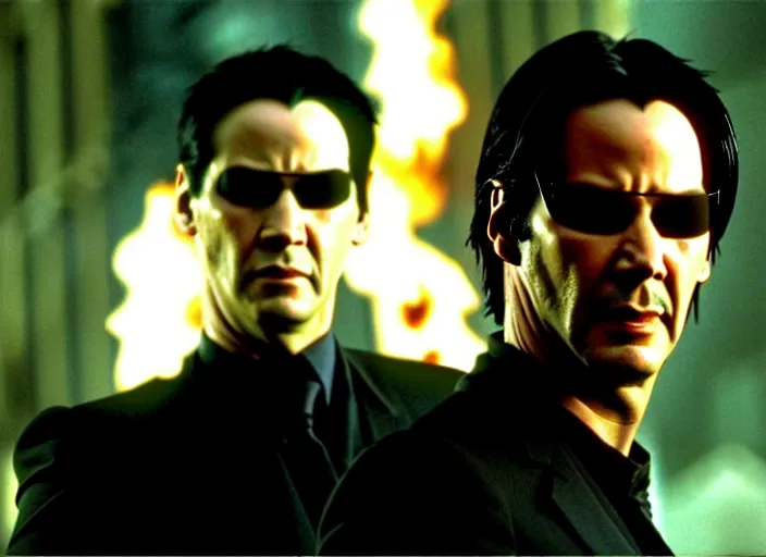 Image similar to Movie still of Keanu Reeves as Neo in The Matrix movie doing a thumb up to the camera in front on burning servers, servers in flames in the background, doing a thumb up, The Matrix servers on fire, uncropped, full body, crispy, symmetrical face, ultra detailed, cinematic, thumb up, double thumb up to the camera