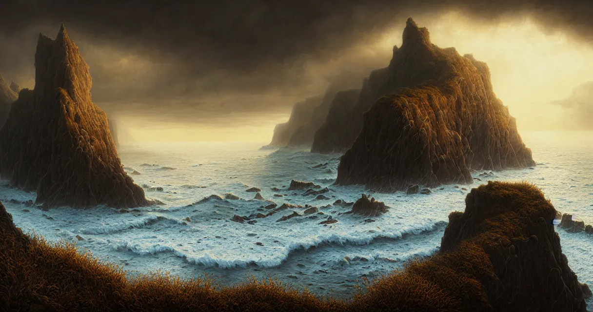 Prompt: epic professional digital art of hungry cliffside sea coastline, faint golden moody atmospheric lighting, painted, intricate, detailed, detailed, foreboding, by leesha hannigan, wayne haag, reyna rochin, ignacio fernandez rios, mark ryden, iris van herpen,, epic, stunning, gorgeous, much wow, cinematic, masterpiece.