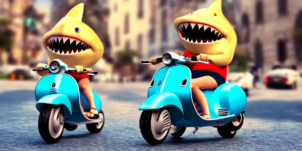 Prompt: a cute shark on a vespa wearing giant sunglasses, pixar sharp render