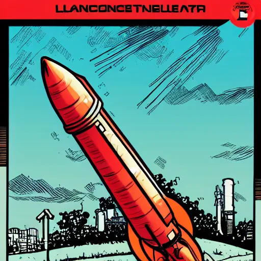 Image similar to an illustration of a rocket on its launchpad, by laurie greasley and james stokoe