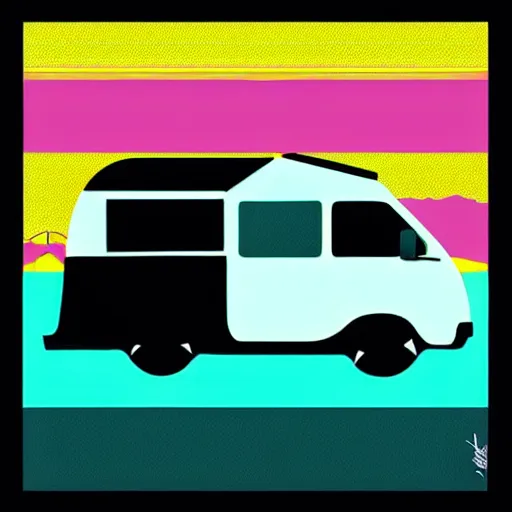 Prompt: a white and black cute thor chateau! motorhome camper!!, mountains, colorful sunset!!, stencil art by tom whalen