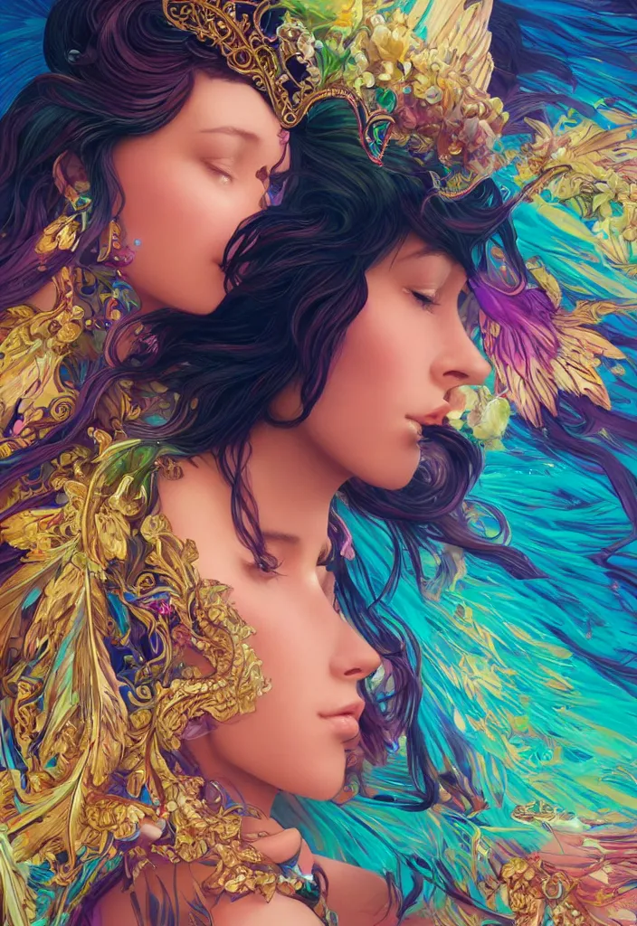 Image similar to beautiful, young woman, detailed gorgeous face, vaporwave aesthetic, synthwave, colorful, psychedelic, water droplets, feathers, crown, artstation, concept art, smooth, extremely sharp detail, finely tuned detail, ultra high definition, 8 k, unreal engine 5, ultra sharp focus, illustration, art by artgerm and greg rutkowski and alphonse mucha