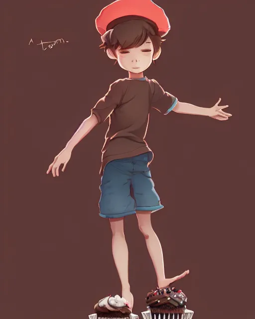 Prompt: a boy as personification of chocolate cupcake, character concept, cute hats, unreal engine, highly detailed, digital illustration by artgerm, tooth wu, studio ghibli, deviantart, sharp focus, artstation, a fantasy bakery by studio ghibli, makoto shinkai, global illumination, sweets,