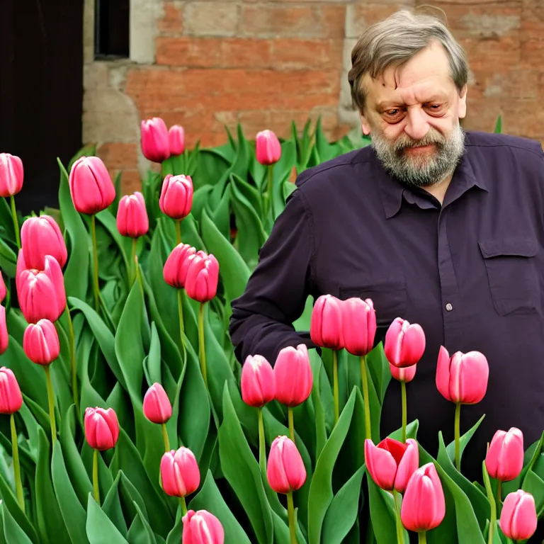 Image similar to slavoj zizek becoming a tulip, photo, 8 k