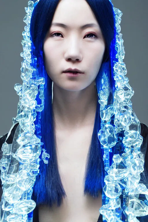 Image similar to a close - up full shot of a cyberpunk japanese woman with cold blue eyes and pretty face wearing lots of transparent and cellophane accessories, huge earrings, blue hour, cool, cold, crisp, by mayumi hosokura