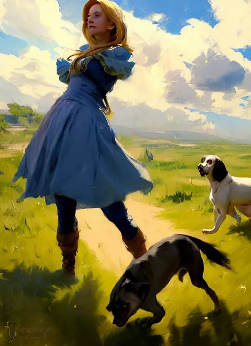 Image similar to Greg Manchess painting of prinzess Zelda in casual wear out playing with the dogs, countryside, fantasy character portrait, dynamic pose, above view, sunny day, thunder clouds in the sky, artwork by Jeremy Lipkin and Giuseppe Dangelico Pino and Michael Garmash and Rob Rey, very coherent asymmetrical artwork, sharp edges, perfect face, simple form, wacky, 100mm