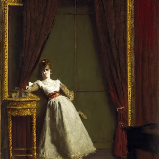 Prompt: a theatre actress waiting behind the curtain, by alfred stevens