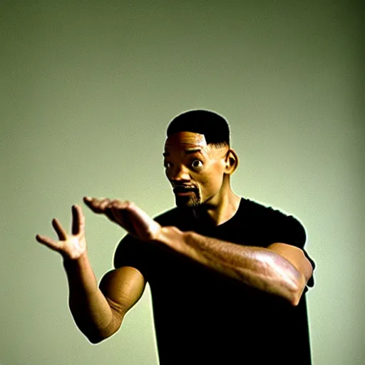 Image similar to will smith slapping a wall with his giant hand. training montage, movie still, cinematic lighting, 3 5 mm film.