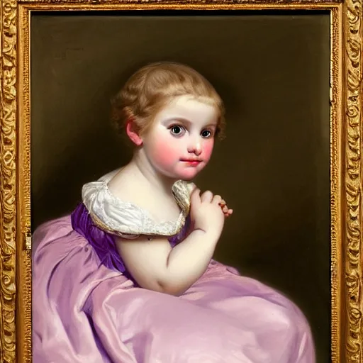 Image similar to portrait of a german toddler princess sitting down in a silk lavender gown, circa 1 8 3 7, by carl joseph begas, highly detailed, beautiful, oil on canvas, 1 8 3 0 s, romanticism