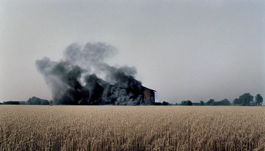 Image similar to 1 9 7 0 s movie still of a heavy burning house in a wheat field, cinestill 8 0 0 t 3 5 mm, high quality, heavy grain, high detail, texture, dramatic light, ultra wide lens, panoramic anamorphic, hyperrealistic