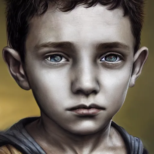 Image similar to a detailed portrait of a medieval ten year old boy, he has short curly brown hair, brown eyes and white skin, fantasy art illustration, incredibly highly detailed and realistic, 8 k, sharp focus