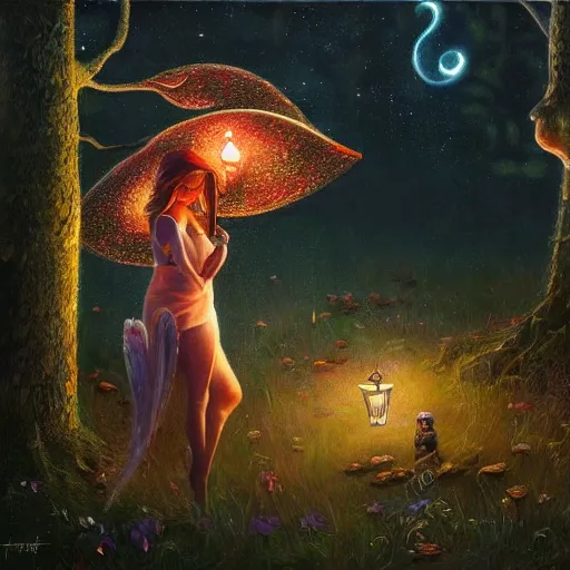 Image similar to realist painting, high detail, woodland village, in the night, fantasy, crescent moon, luminous, toadstools, fireflies, fantasy, mist, highly detailed painting, fine lines, light rays, attractive woman fairy, 8 k realistic, sharp focus
